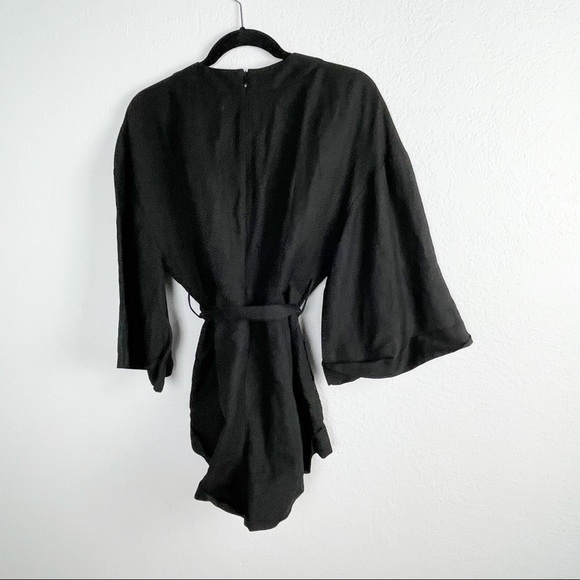 Significant Other Tempo Linen Blend V Neck Kimono Sleeve Romper Solid Black - Picture 3 of 7
